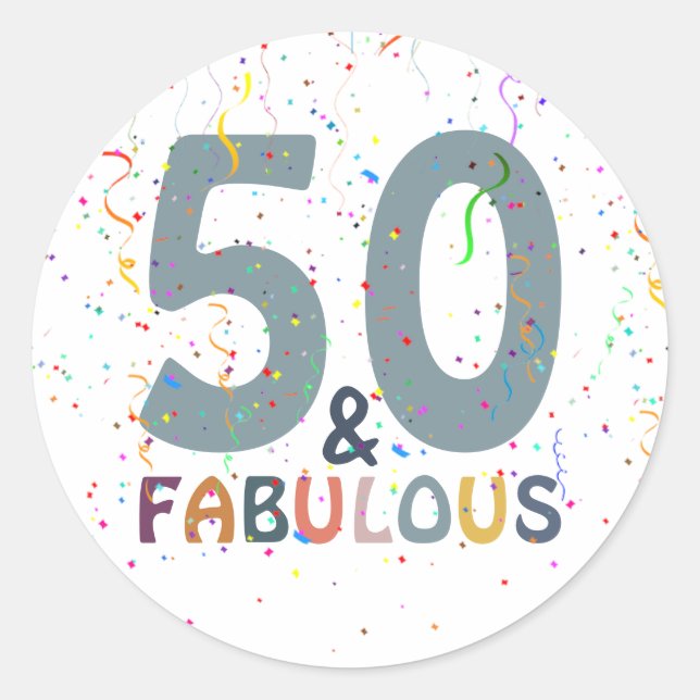 50 & Fabulous Fun Confetti Blue Trendy Typography Classic Round Sticker (Front)