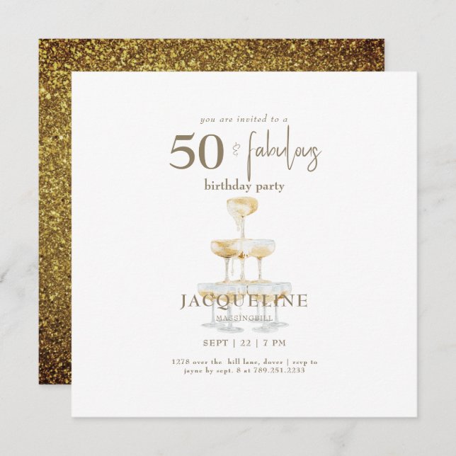 50 & Fabulous Glam Gold Square Birthday Party (Front/Back)