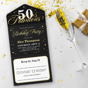 50 & Fabulous Glamourous Gold Birthday Party All In One Invitation
