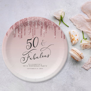 50 Fabulous Glitter Rose Gold Pink Birthday Party Paper Plate