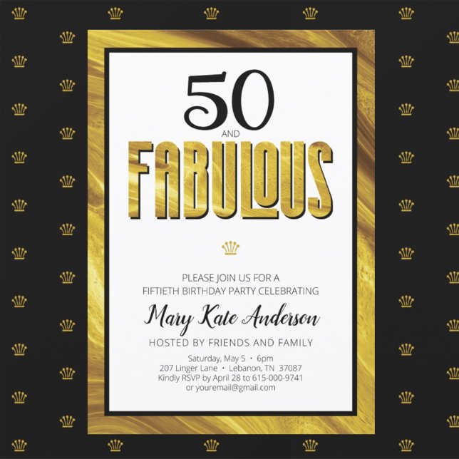 50 Fabulous Gold Black Metallic Modern Birthday Invitation (Creator Uploaded)