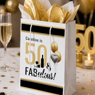 50 & Fabulous Gold & Black Modern Birthday Medium Gift Bag