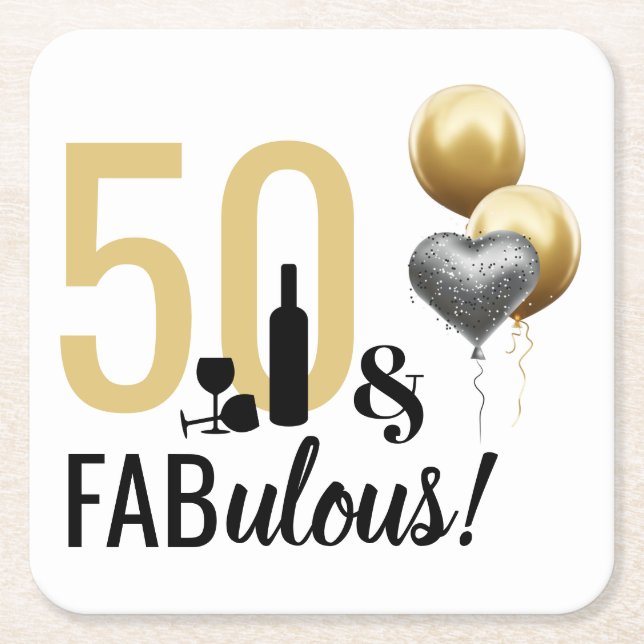 50 & Fabulous Gold & Black Modern Birthday Square Paper Coaster (Front)