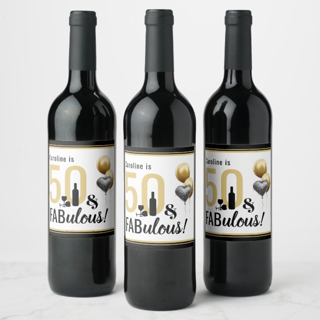 50 & Fabulous Gold & Black Modern Birthday Wine Label (Bottles)
