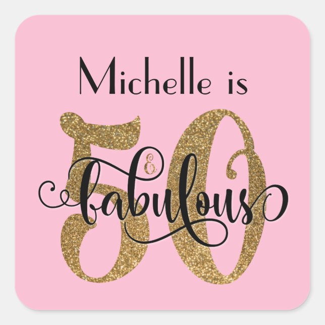 50 & Fabulous Gold Glitter Birthday Light Pink Square Sticker (Front)
