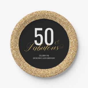 50 & Fabulous Gold Glitter Birthday Party Paper Plate