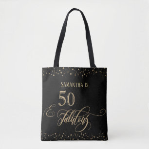 50 & Fabulous Gold Glitter Confetti, Black Tote Bag