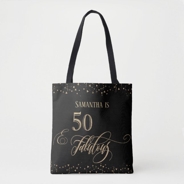50 & Fabulous Gold Glitter Confetti, Black Tote Bag (Front)