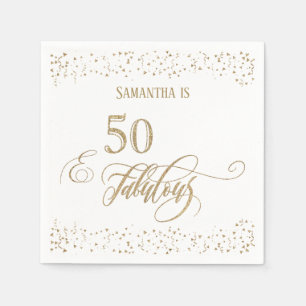 50 & Fabulous Gold Glitter Confetti White Napkin