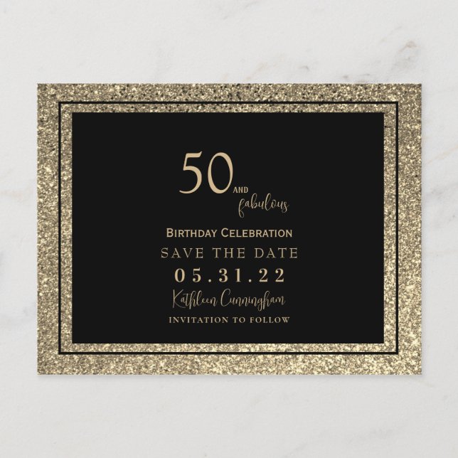 50 & Fabulous Gold Glitter Glam Save the Date  Postcard (Front)
