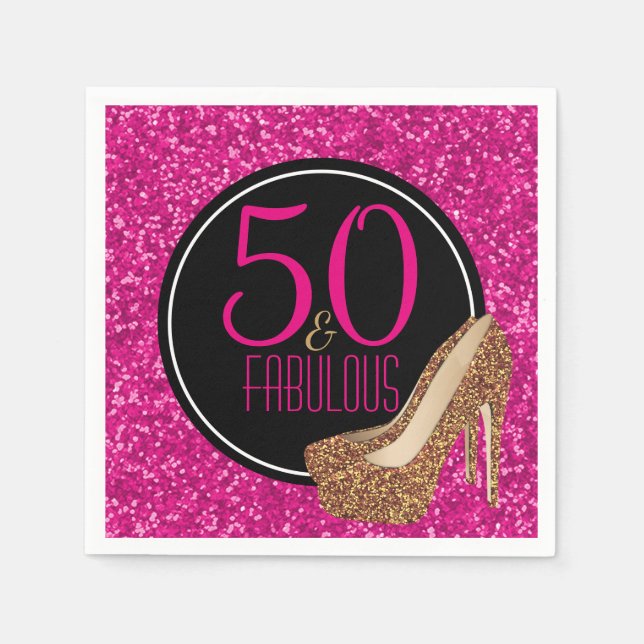 50 & Fabulous | Gold Glitter Pink 50th Birthday Napkin (Front)