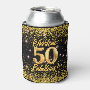 50 Fabulous Gold Glitter Pink Stars 50th Birthday Can Cooler