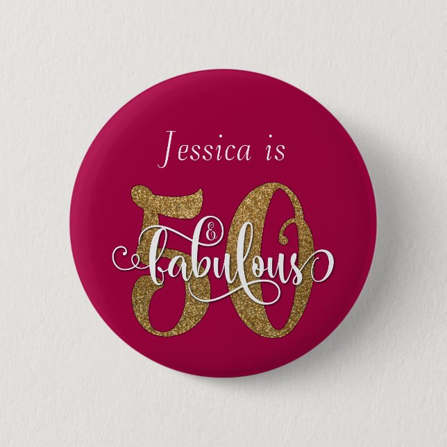 50 & Fabulous Gold Glitter Typography Raspberry 2 Inch Round Button (Front)