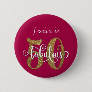 50 & Fabulous Gold Glitter Typography Raspberry 2 Inch Round Button