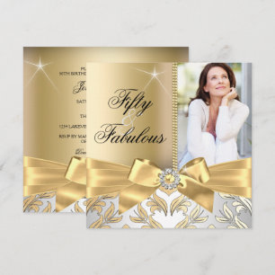 50 & Fabulous Gold Leaf & Bow 50th Birthday Invite