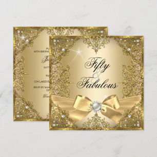 50 Fabulous Gold Pearl Bow 50th Birthday Invitation