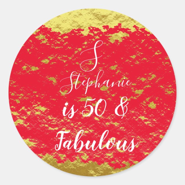 50 & Fabulous Gold Red Glitter Monogram Initials Classic Round Sticker (Front)