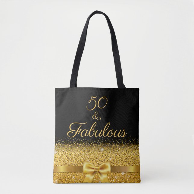 50 fabulous golden bow glam sparkle black tote bag (Front)