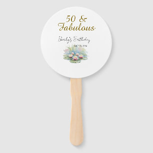 50 & fabulous golden water lotus lily watercolor  hand fan