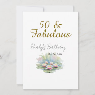 50 & fabulous golden water lotus lily watercolor  invitation