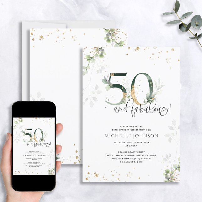 50 & Fabulous Green Gold Botanical Birthday Invitation (Creator Uploaded)