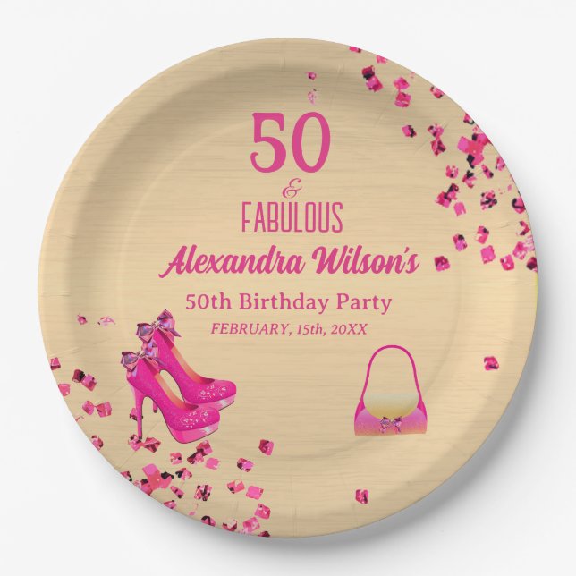 50& Fabulous High Heels Gold Hot Pink Glitter Glam Paper Plate (Front)