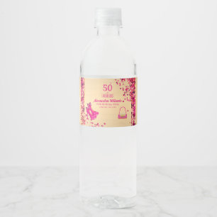 50 & Fabulous High Heels Gold Hot Pink Glittery Water Bottle Label