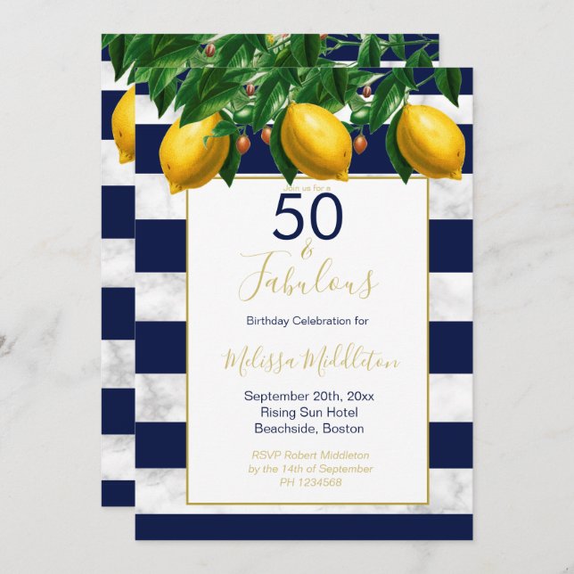 50 Fabulous Lemon Navy White Stripe Marble Invitation (Front/Back)
