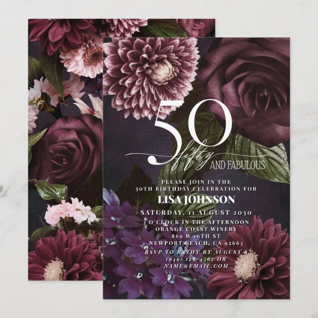 50 & Fabulous Modern Dark Moody Burgundy Floral Invitation (Front/Back)