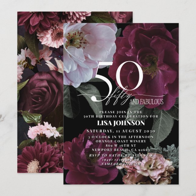 50 & Fabulous Modern Dark Moody Burgundy Pink Invitation (Front/Back)