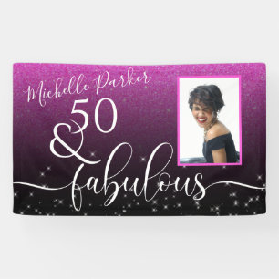 50 Fabulous Modern Pink Glitter Birthday Photo Banner