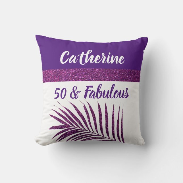50 & Fabulous Monogrammed Name Purple Glitter Chic Throw Pillow (Front)
