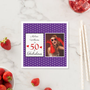 50 & Fabulous Name Photo Red 50th Birthday Purple Napkin