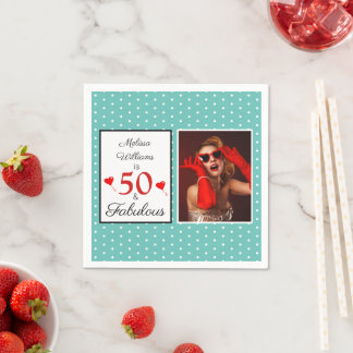 50 & Fabulous Name Photo Red 50th Birthday Teal WH Napkin