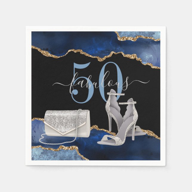 50 Fabulous Navy Black Agate Gold Glitter  Napkin (Front)