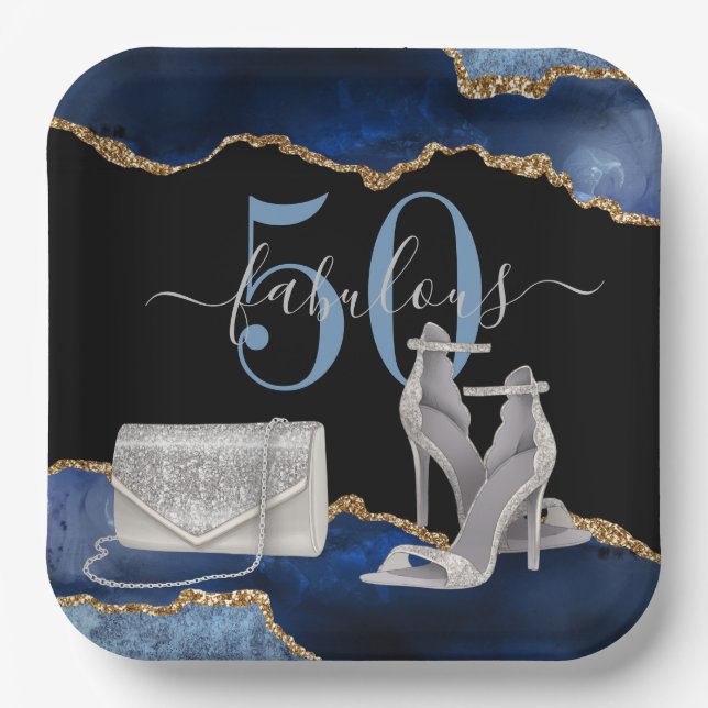 50 Fabulous Navy Black Agate Gold Glitter  Paper Plate (Front)