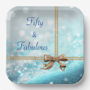 50 & Fabulous Photo Blue Gold Bow 50th Birthday  Paper Plate