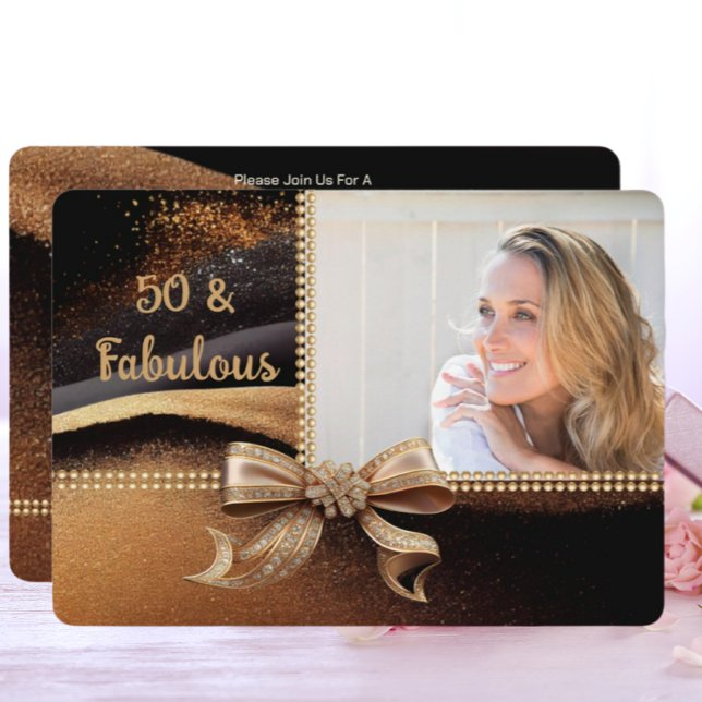 50 & Fabulous Photo Gold Black Bow 50th Birthday  Invitation (Creator Uploaded)