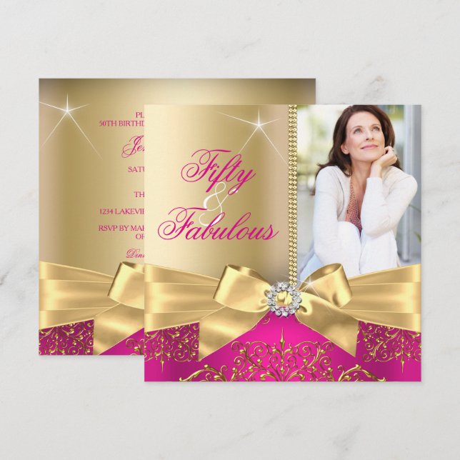 50 & Fabulous Photo Gold Pink Bow 50th Birthday Invitation (Front/Back)