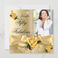 50 & Fabulous Photo Gold Yellow Rose Bow Birthday