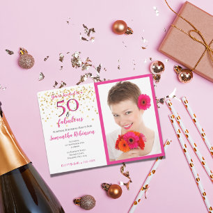 50 & Fabulous Photo Pink White Chevron Gold Dots Invitation