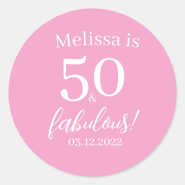 50 Fabulous Pink 50th Birthday Party Personalized  Classic Round Sticker (Front)