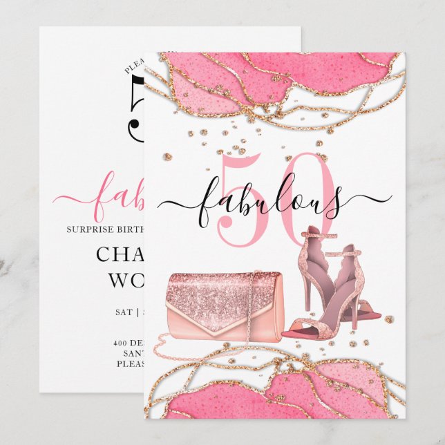 50 Fabulous Pink Agate Gold Glitter Dancing Shoes  Invitation (Front/Back)