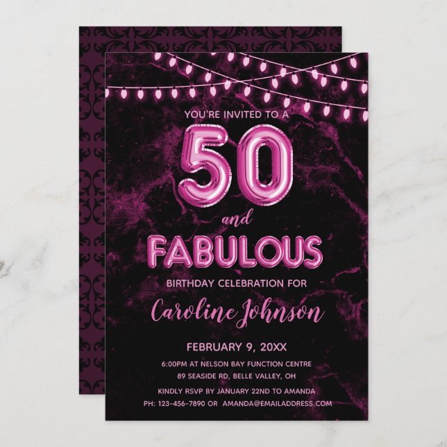 50 & Fabulous Pink Balloon Birthday Invitations (Front/Back)