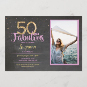 50 & Fabulous Pink Birthday Party 50th Gold Photo Invitation
