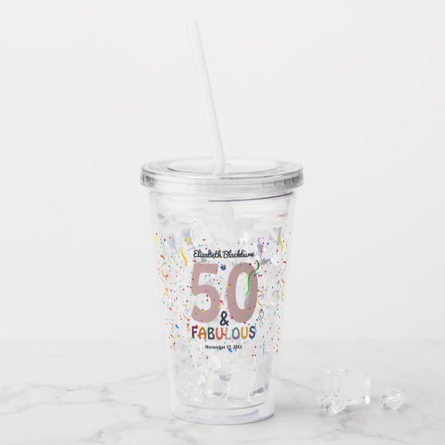 50 & Fabulous Pink Custom Fiftieth Birthday Party Acrylic Tumbler (Front Ice)