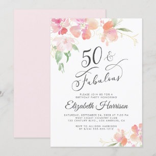 50 Fabulous Pink Floral Watercolor Birthday Party Invitation