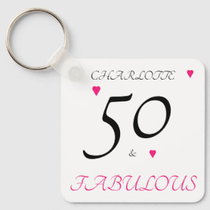 50 & fabulous pink hearts personalized birthday ke keychain