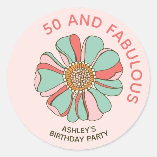 50 & Fabulous Pink Retro Floral Sticker (Front)