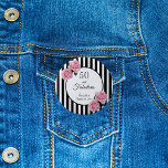 50 fabulous pink roses black white stripes 2 inch round button<br><div class="desc">Classic slim black and white vertical stripes as background. With girly, feminine and romantic pink roses as decoration. A white and black frame on front with template for name and date. With the text: 50 and fabulous. Black letters. Perfect as a 50th birthday favor or as a save the date...</div>